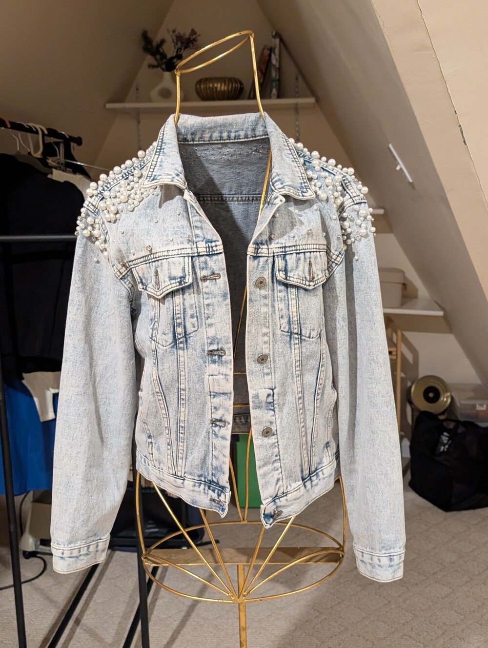 Women's Jean Jacket: Light Blue Pearl-Embellished Denim Jacket, Size: M
